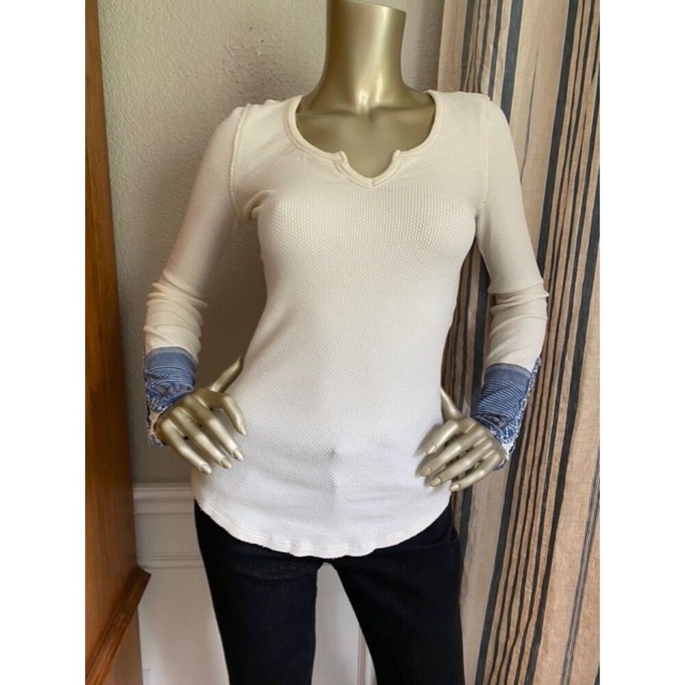 EUC Free People Cream Blue Lace Patchwork Cuff Thermal S